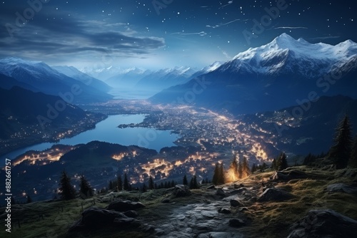 Majestic nighttime mountain landscape with stars, glowing city lights, and winding roads photo