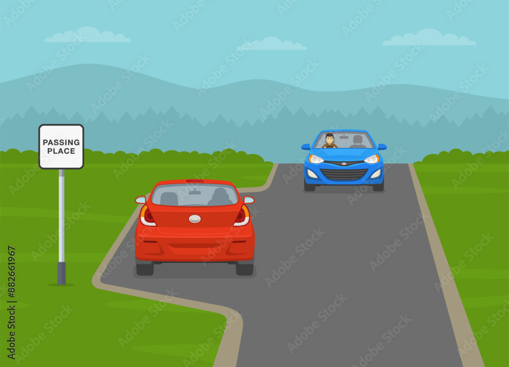 Safe driving tips and traffic regulation rules. Passing place on a narrow road. Red sedan car giving way to oncoming car on a dedicated place. Back view. Flat vector illustration template. Safe driving tips and traffic regulation rules. Passing place on a narrow road. Red sedan car giving way to oncoming car on a dedicated place. Back view. Flat vector illustration template.