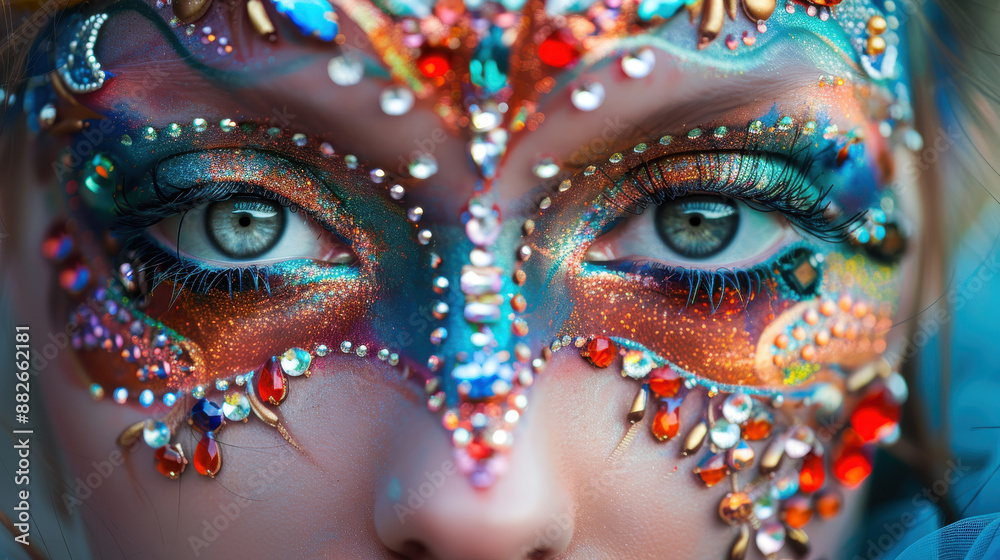 A fantasy-themed face paint with elaborate designs, including glitter and gemstones A fantasy-themed face paint with elaborate designs, including glitter and gemstones