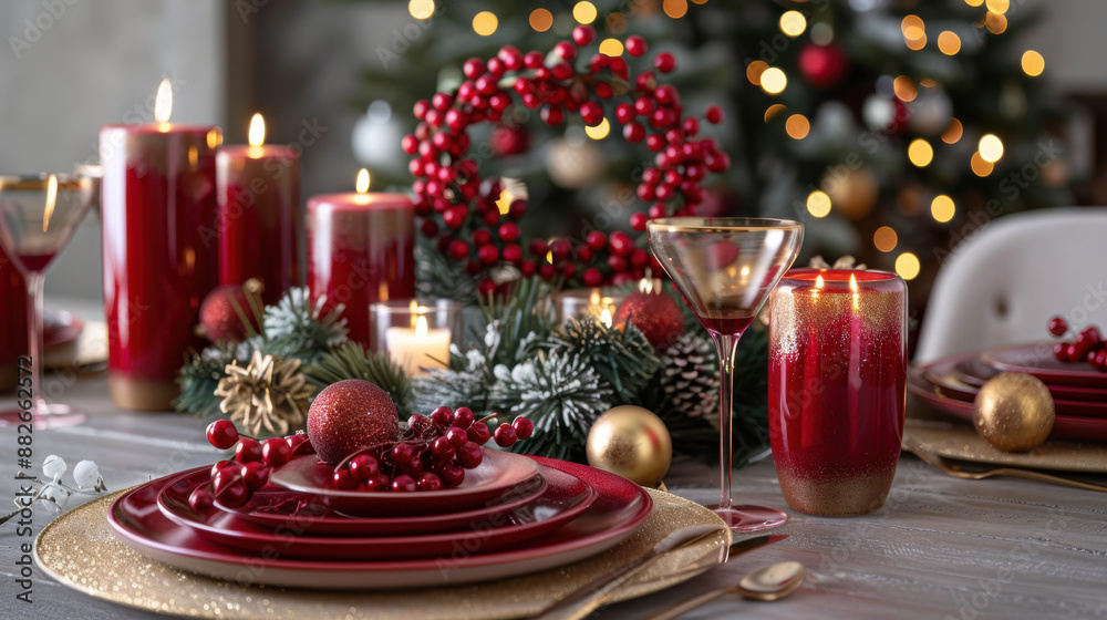 A festive holiday table setting with red and gold accents, candles, and a decorative wreath centerpiece A festive holiday table setting with red and gold accents, candles, and a decorative wreath centerpiece