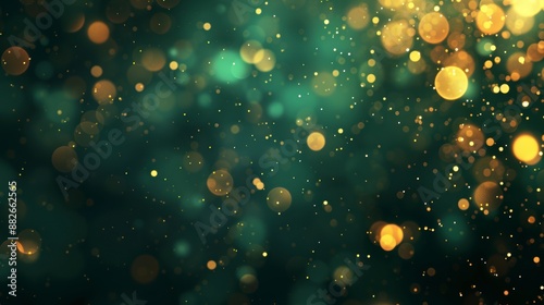 golden bokeh shining lights particles on dark green background