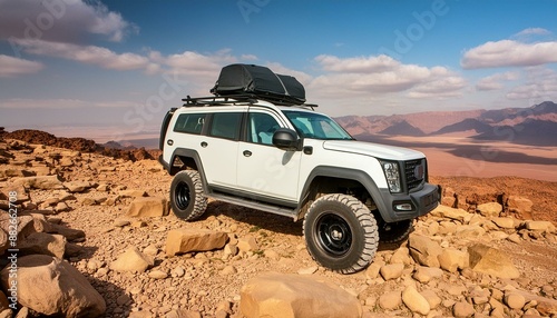 Desert Dominator: Rugged White Off-Road Vehicle with Black Roof Rack in Rocky Terrain