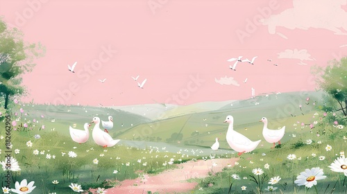 A pink sky, with white ducks walking on the grassland and flowers blooming in front of them. The background is green meadows, Japanese illustration, pink tone, watercolor painting style, flat view photo