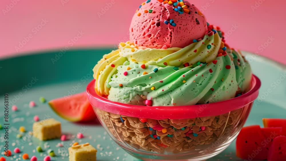 Video animation of colorful bowl of ice cream with multiple scoops, each scoop appears to be a different flavor based on the colors Video animation of colorful bowl of ice cream with multiple scoops, each scoop appears to be a different flavor based on the colors