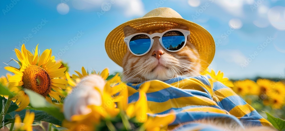 adorable cat wearing sunglasses and striped tshirt, sitting in the sunflower field with blue sky background, fluffy kitten wearing summer. cute pet advertisement. adorable cat wearing sunglasses and striped tshirt, sitting in the sunflower field with blue sky background, fluffy kitten wearing summer. cute pet advertisement.