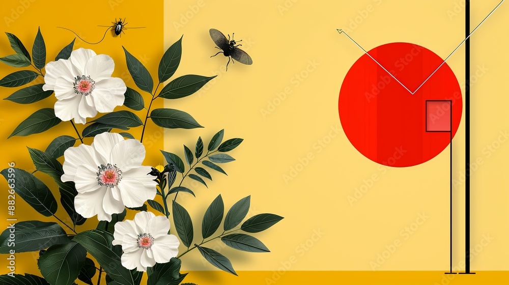 Minimalist style: Colorful nature background with flowers, leaves ...