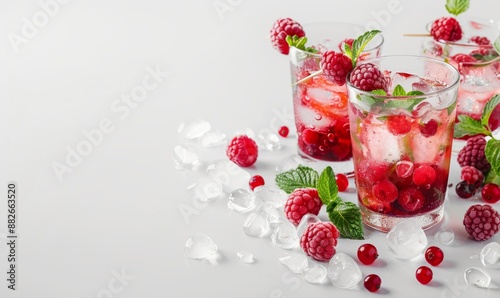 Summer refreshing raspberry cocktail on light background