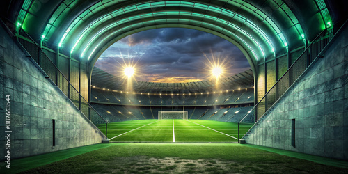 Dimly lit tunnel leads to brightly lit green stadium field, empty football benches and goalposts await, atmosphere is electric with anticipation of battle.