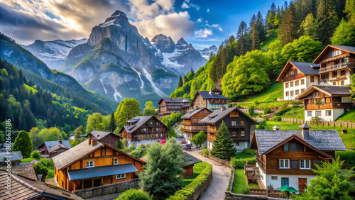 Serene alpine village nestled among towering mountains, surrounded by lush green forests, with traditional wooden chalets and winding cobblestone streets dormant in stillness.