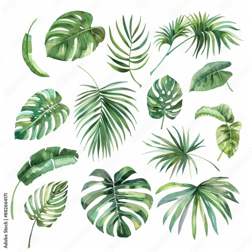 Collection of various green tropical leaves isolated on white background. Perfect for design projects. Watercolor style. Collection of various green tropical leaves isolated on white background. Perfect for design projects. Watercolor style.