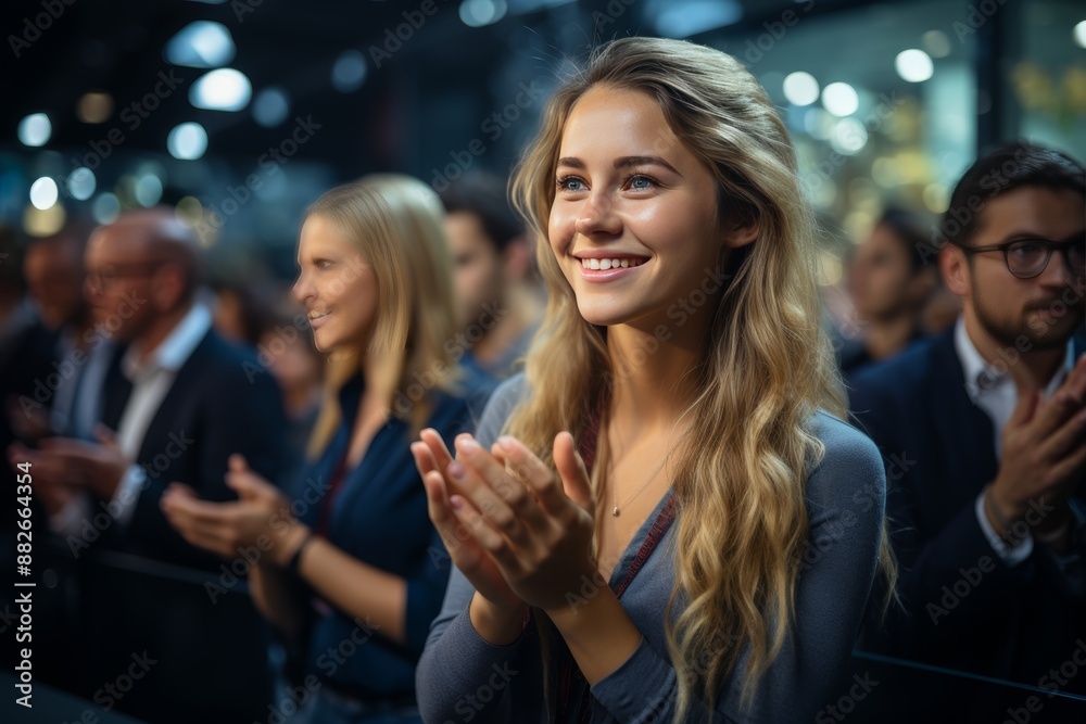 Audience applauding in office team meeting for achievements and company growth at trade show