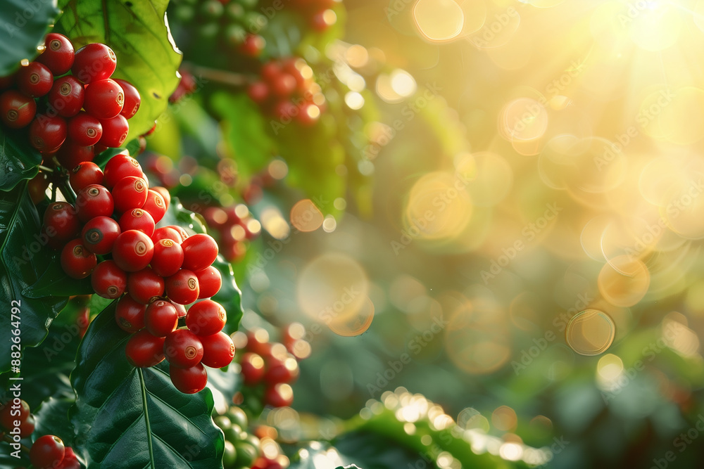 Coffee process concept, Coffee Plant, Show coffee cherries growing on a coffee plant, highlighting the vibrant red color of ripe cherries