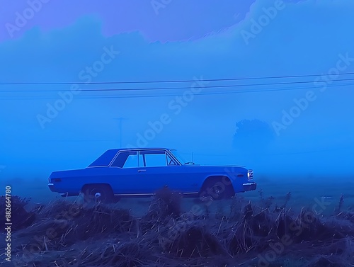 A cinematic scene of a car in a foggy field