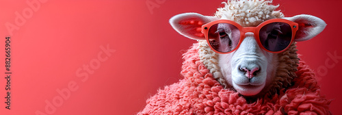 A goat with a red face and a lightning bolt on it,
A sheep with a rainbow colored coat stands on a black