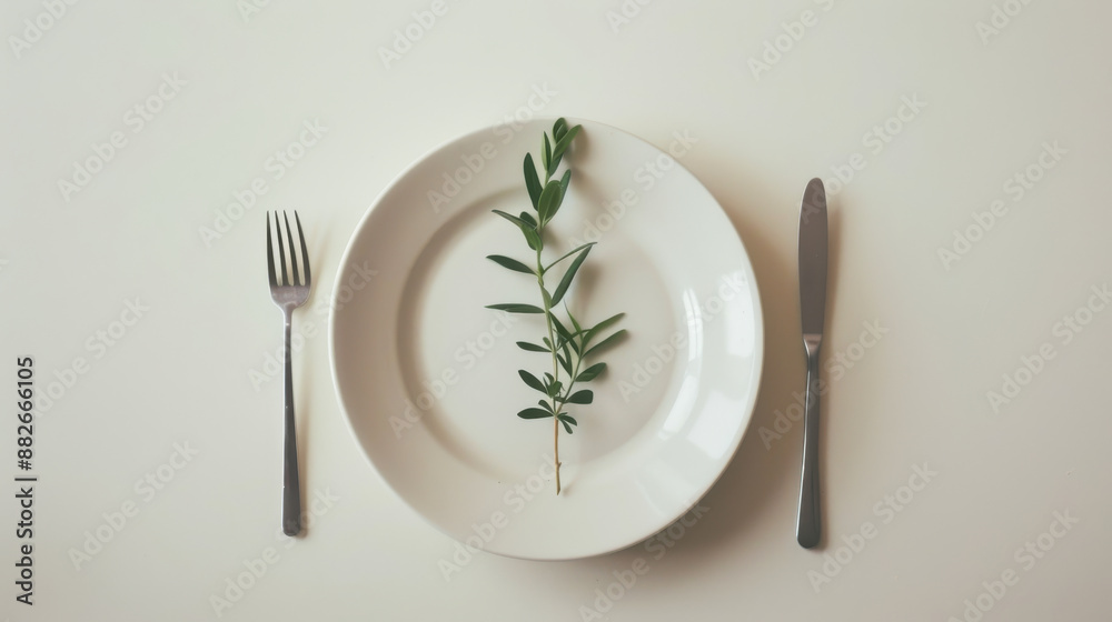 A minimalist table setting with sleek white plates, modern cutlery, and a single sprig of greenery as decoration A minimalist table setting with sleek white plates, modern cutlery, and a single sprig of greenery as decoration