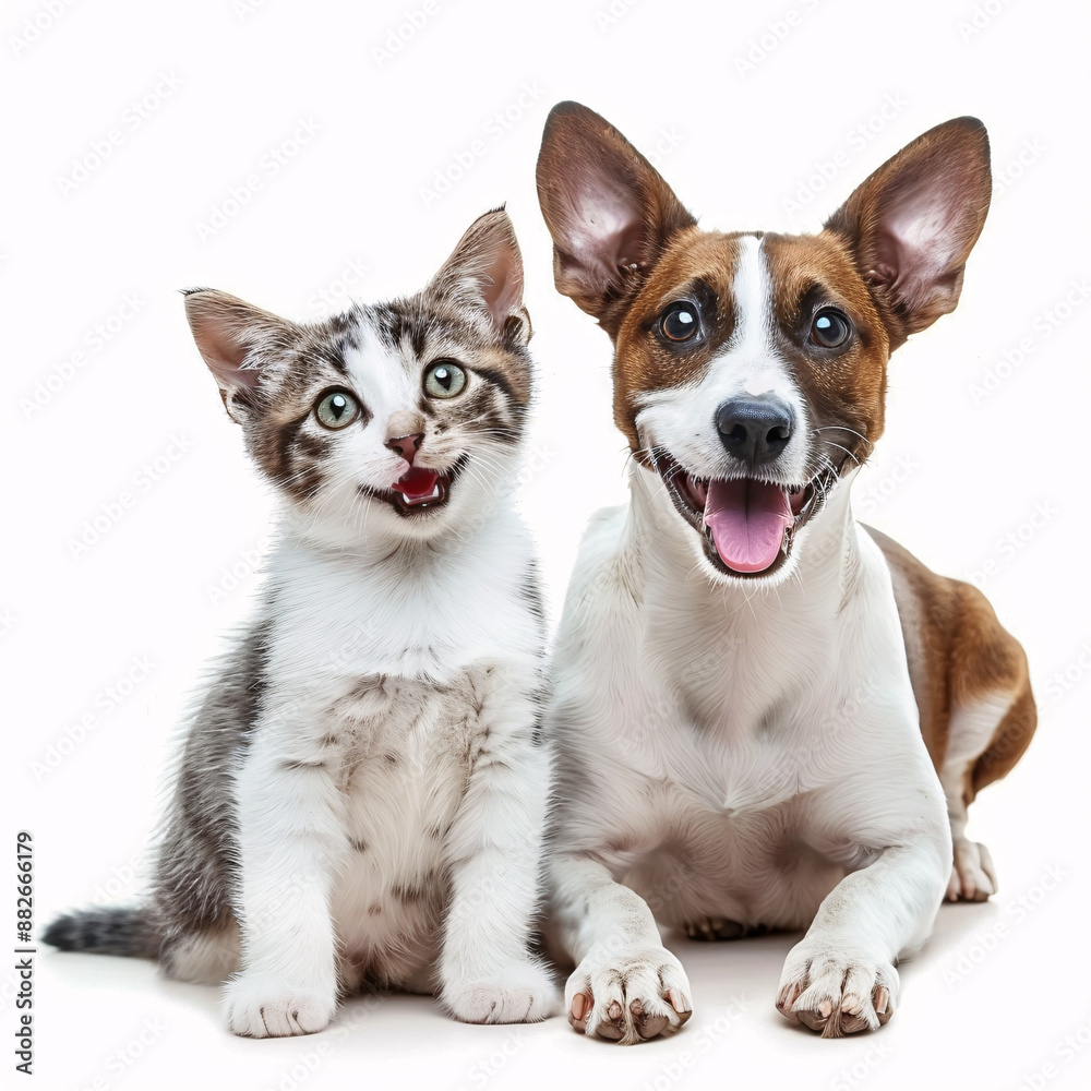 Obraz premium Happy dog and cat enjoying each other's company on a white background, perfect for pet-related events and promotions.