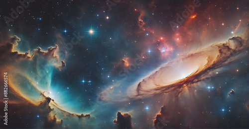 An incredible cosmic perspective from space showcasing a beautiful spiral galaxy surrounded by a tapestry of stars and vibrant nebulae
