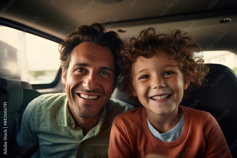 Smiling parent and child looking at camera in car, happy family, vacation travel, summer