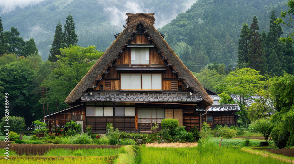 A rustic Japanese farmhouse with a thatched roof, nestled in a picturesque rural setting A rustic Japanese farmhouse with a thatched roof, nestled in a picturesque rural setting