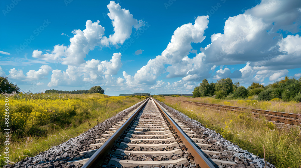 Fototapeta premium Empty railway tracks in a summer landscape