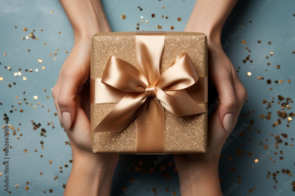 Top view of hands holding craft paper gift box with blue ribbon on sequins on white background Top view of hands holding craft paper gift box with blue ribbon on sequins on white background