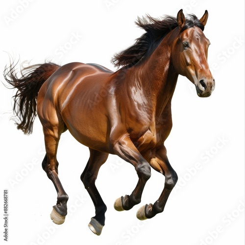 A brown horse with flowing mane and tail running forward against a white background.