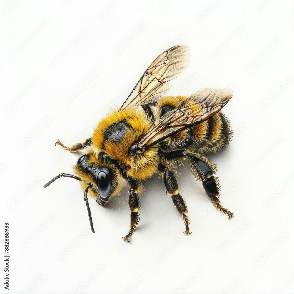 A close-up of a bee with its wings spread, isolated on a white background.