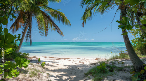 A serene beach with turquoise waters and white sand, framed by swaying palm trees and a clear blue sky © Chatchanan