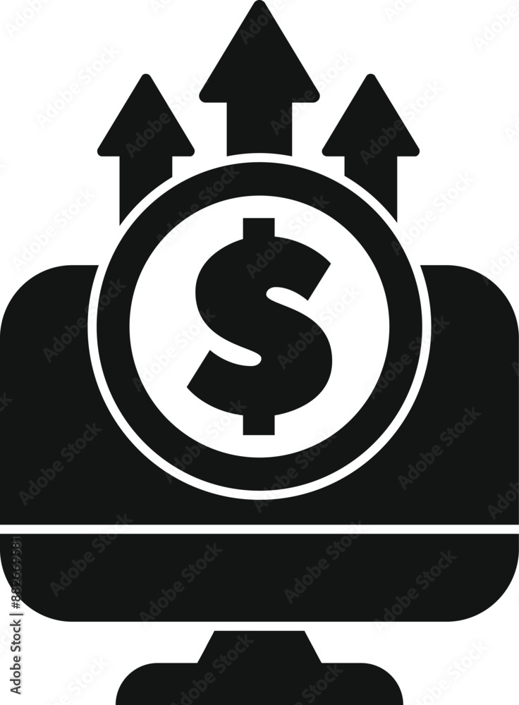 Black and white icon of computer screen with dollar sign and three arrows pointing up representing a successful online business Black and white icon of computer screen with dollar sign and three arrows pointing up representing a successful online business