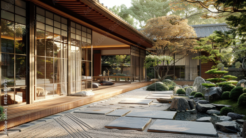 A traditional Japanese house with sliding shoji doors, surrounded by a serene Zen garden A traditional Japanese house with sliding shoji doors, surrounded by a serene Zen garden