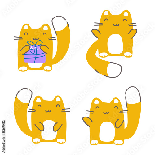 Super Kawaii Cute Cats set. Adorable Cat with a gift, with paws raised in greeting, with paws on the belly. Icons, stickers, cute domestic cats