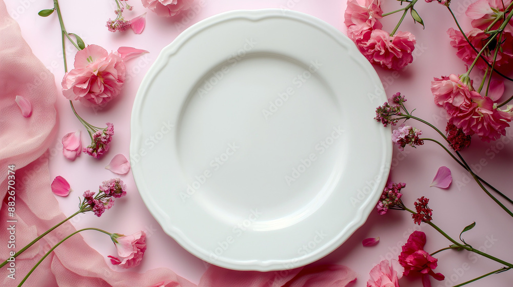 A white plate on a table decorated with pink flowers, in a modern interior setting, top view, table setting, invitation A white plate on a table decorated with pink flowers, in a modern interior setting, top view, table setting, invitation