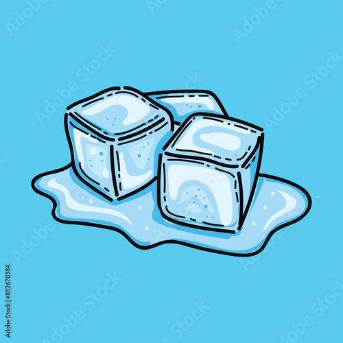 Group of ice transparent clear cubes isolated on light blue background. Vector illustration design. Ice cube melting. Iced water cubes for cool cocktail. Freezed aqua