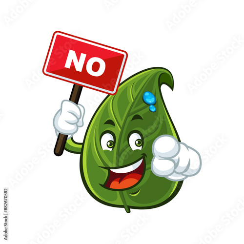 Green leaf mascot holding no sign with pointing.