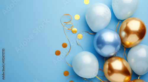 Stunning blue gold foil balloons on a pastel blue background perfect for celebrations and events