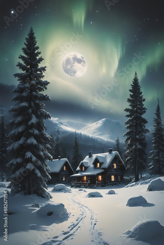 A serene winter scene with a snug cottage, majestic snow-covered peaks, and a full moon casting its enchanting light over the tranquil night
