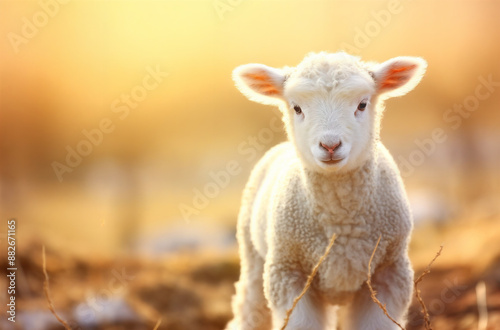 a small white sheep standing in a field of grass and dirt with a bright yellow background behind it and a blurry background