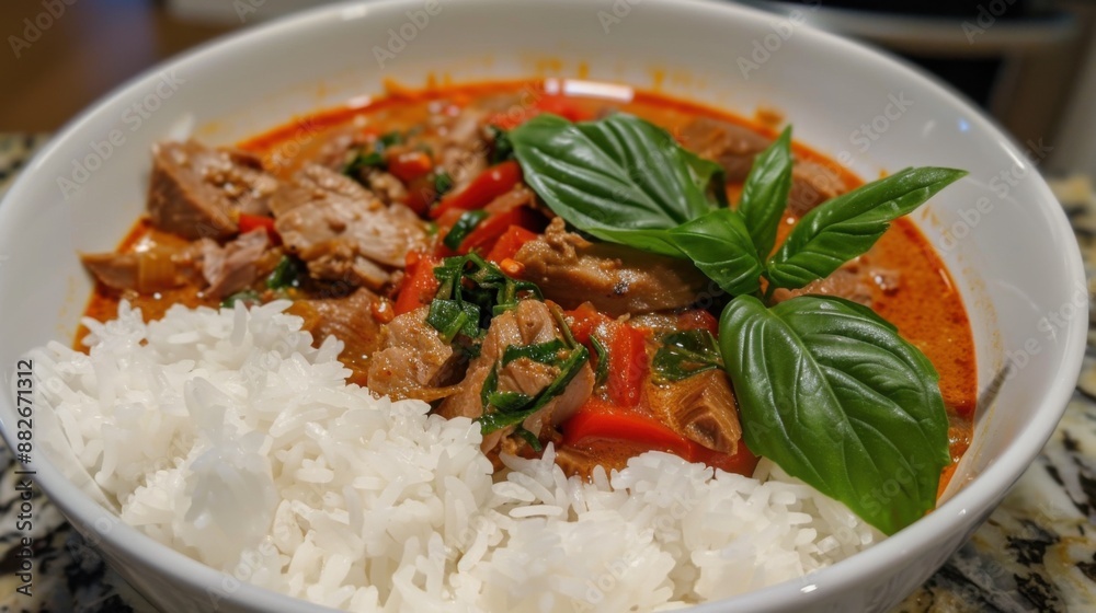 Delicious red curry with tender meat and fresh vegetables served with steamed jasmine rice in a white bowl garnished with basil leaves. Delicious red curry with tender meat and fresh vegetables served with steamed jasmine rice in a white bowl garnished with basil leaves.