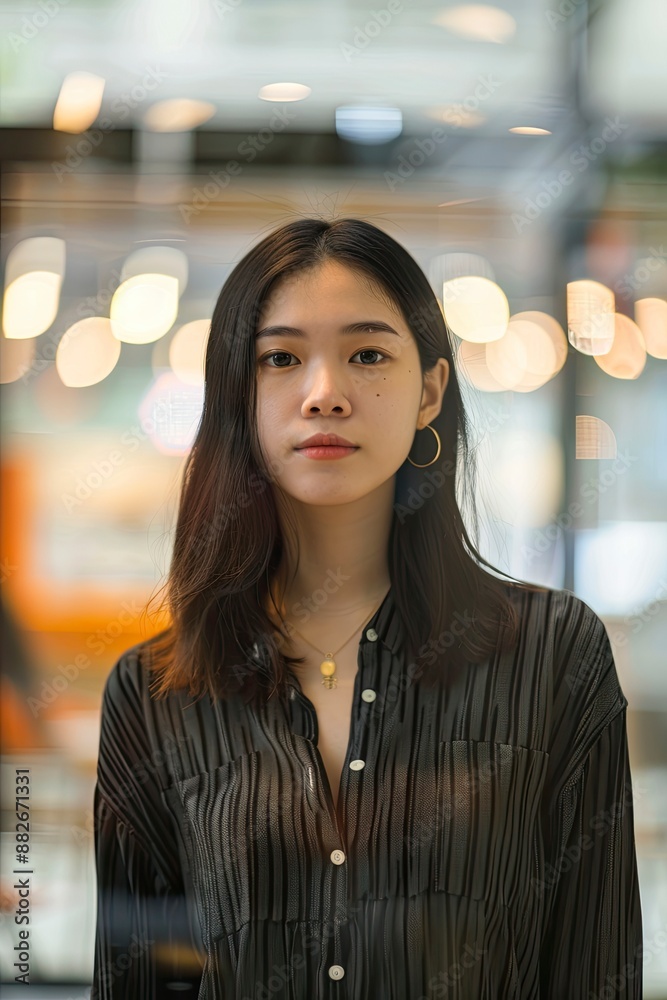 a asian girl standing in office with blurred background, real face, generative ai a asian girl standing in office with blurred background, real face, generative ai