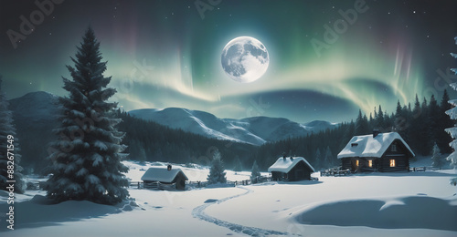 A beautiful snowy landscape featuring a quaint house, towering mountains, and a luminous moon bathing the scene in a gentle, silvery light

