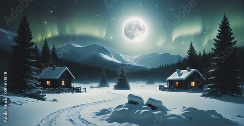A serene snowy landscape with a picturesque home, lofty mountains, and a luminous moon casting its soft light over the wintry expanse
