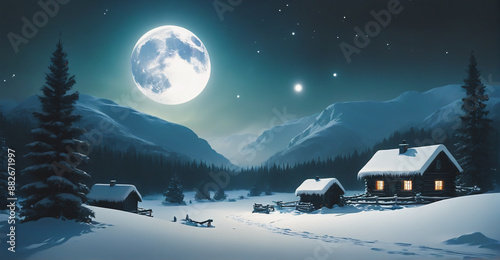 A magical winter night featuring a picturesque home, towering snowy peaks, and a radiant moon casting its glow over the serene landscape
