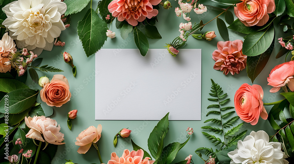 card with flowers, Rectangular white paper mockup, invitation card with floral background card with flowers, Rectangular white paper mockup, invitation card with floral background
