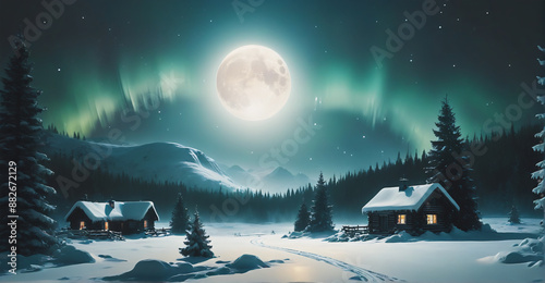 A serene winter tableau featuring a picturesque house, snow-capped mountains, and a luminous moon providing a gentle light over the peaceful night
