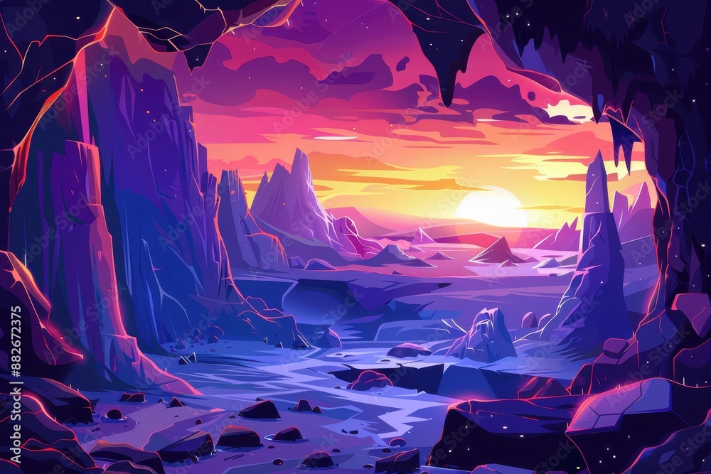 Rocky canyon landscape with vibrant sunset and purple haze Rocky canyon landscape with vibrant sunset and purple haze