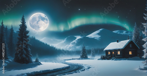 A magical winter night featuring a quaint house, snow-clad peaks, and a brilliant moon lighting up the snow-covered terrain with its gentle glow
