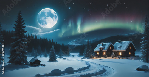 A tranquil winter evening with a charming house, towering mountains, and a radiant moon illuminating the snowy expanse
