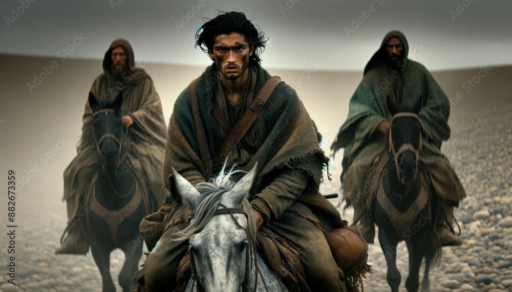 Three male riders in shabby clothes on horseback against the backdrop of the desert in the evening. Three male riders in shabby clothes on horseback against the backdrop of the desert in the evening.