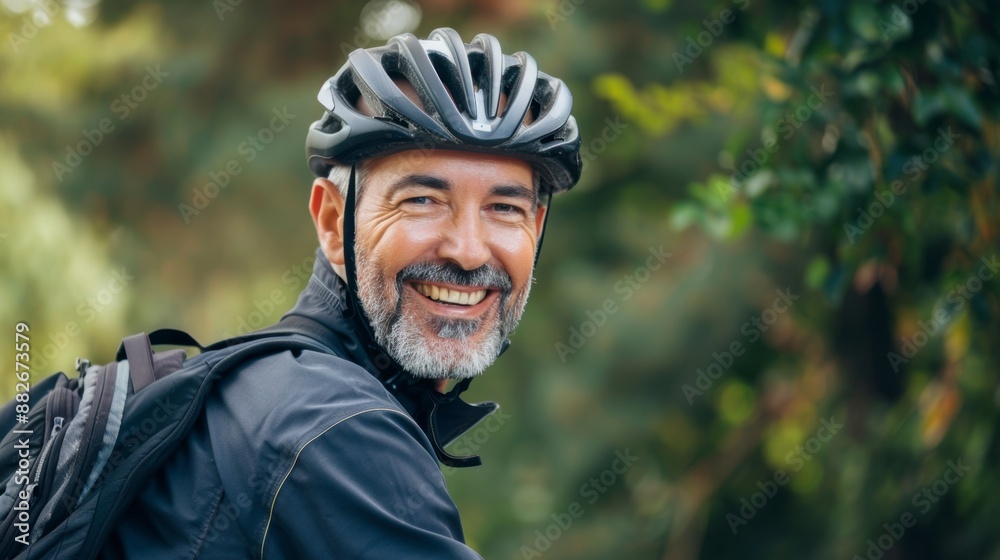 Handsome mature man with a beaming smile, helmet on, cycling during his vacation Handsome mature man with a beaming smile, helmet on, cycling during his vacation