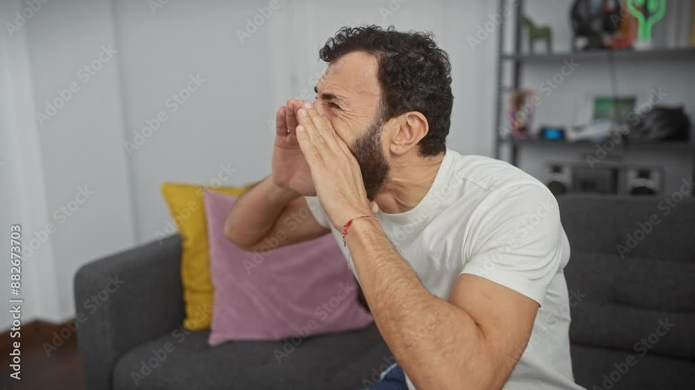 Furious middle-aged man lets out steam with an angry shout at home, hands amplifying his rage over his mouth while wearing a classic white tee Furious middle-aged man lets out steam with an angry shout at home, hands amplifying his rage over his mouth while wearing a classic white tee